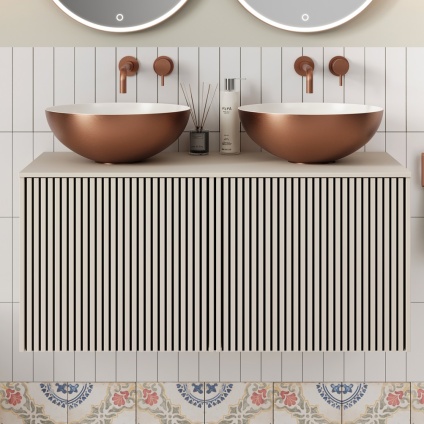 product lifestyle close up image of Crosswater Limit 1000mm Warm Stone Wall Hung Vanity Unit and Worktop front angle with bronze countertop basins and wall mounted taps above LM5000DRSAN LM1010TWS